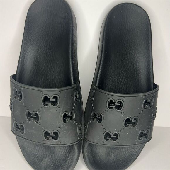 Gucci Unisex Black GG Logo Rubber Slide Sandals Size 10 Casual - Picture 1 of 8